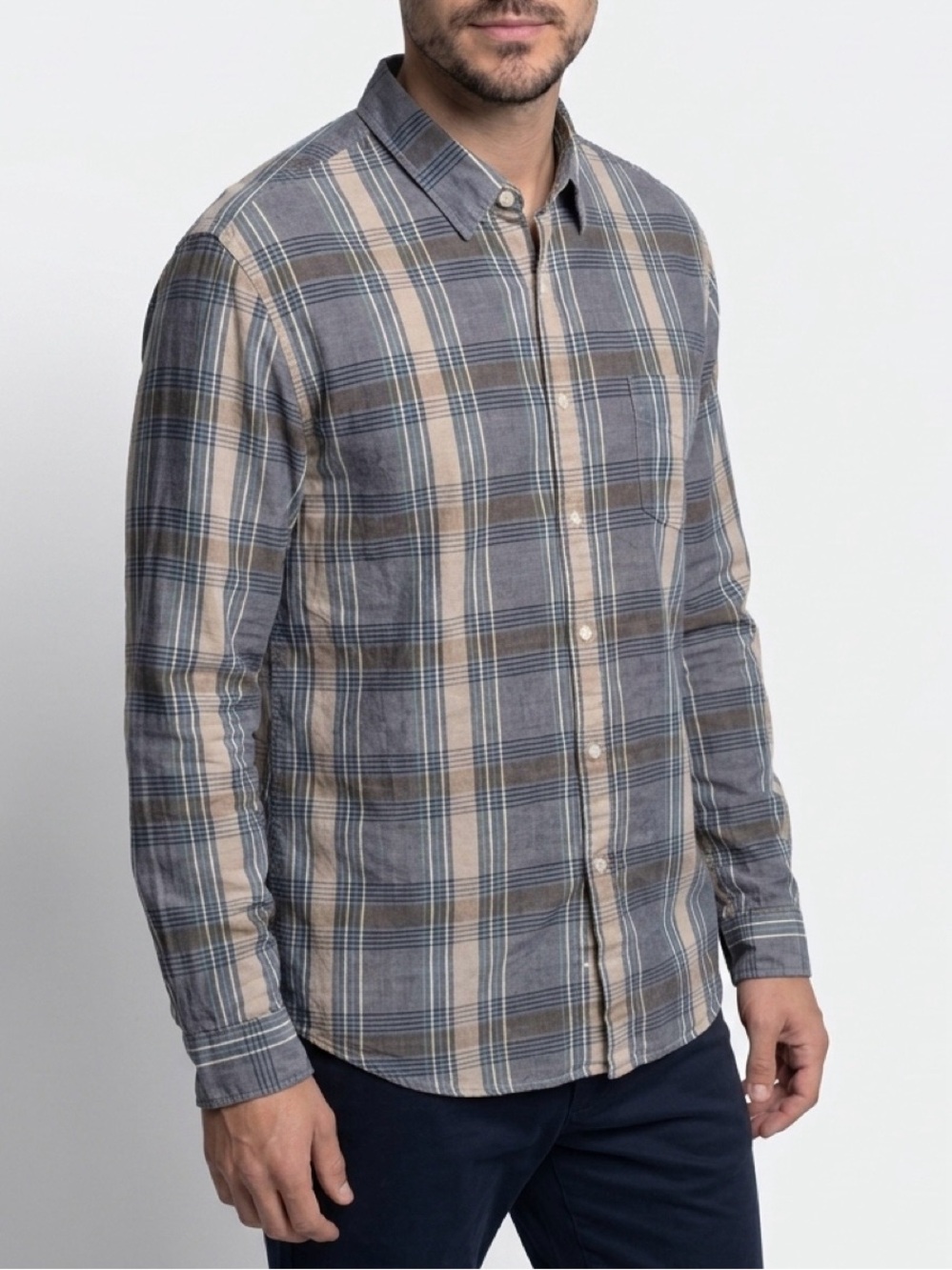 J.Crew Men’s Lightweight Chambray Plaid Button Down Shirt Blue Gray Tan Large